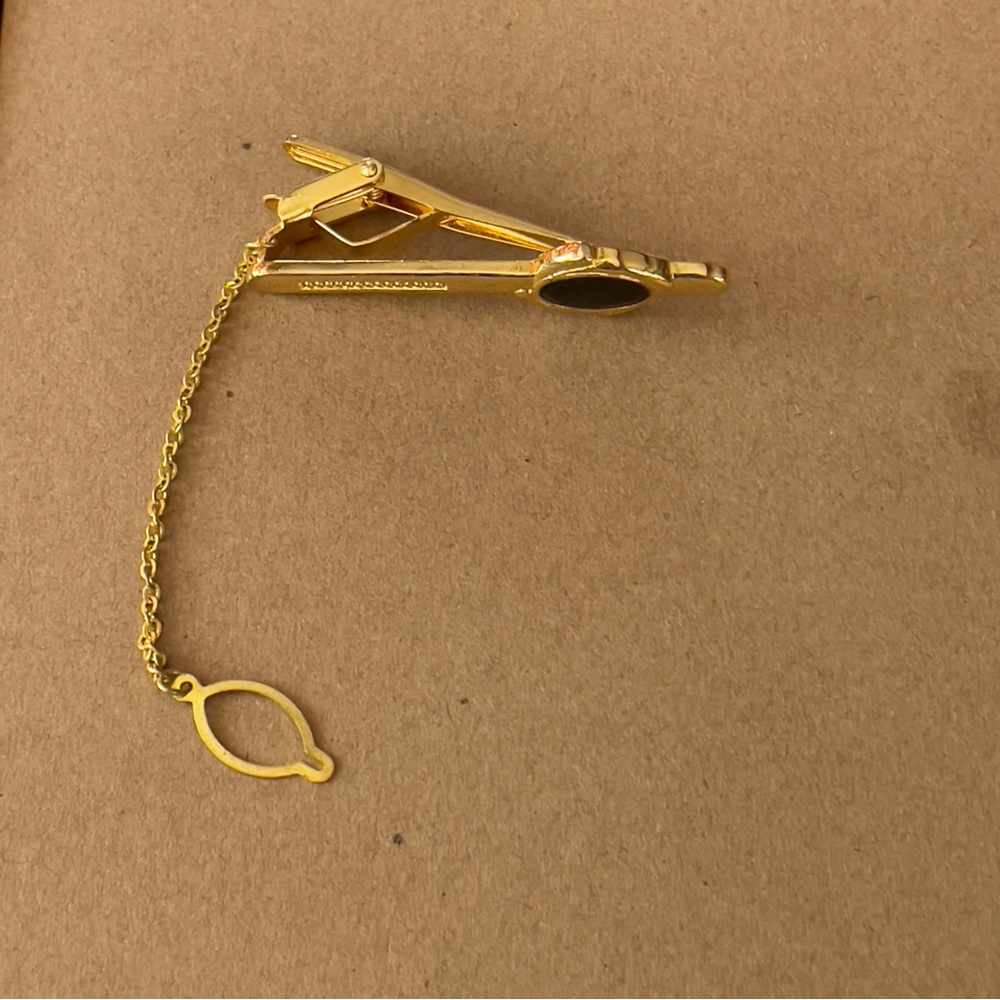 Vintage Shriners Masonic Tie Clip 24K Gold Filled Black Onyx Adjustable w/ Chain - Picture 3 of 7